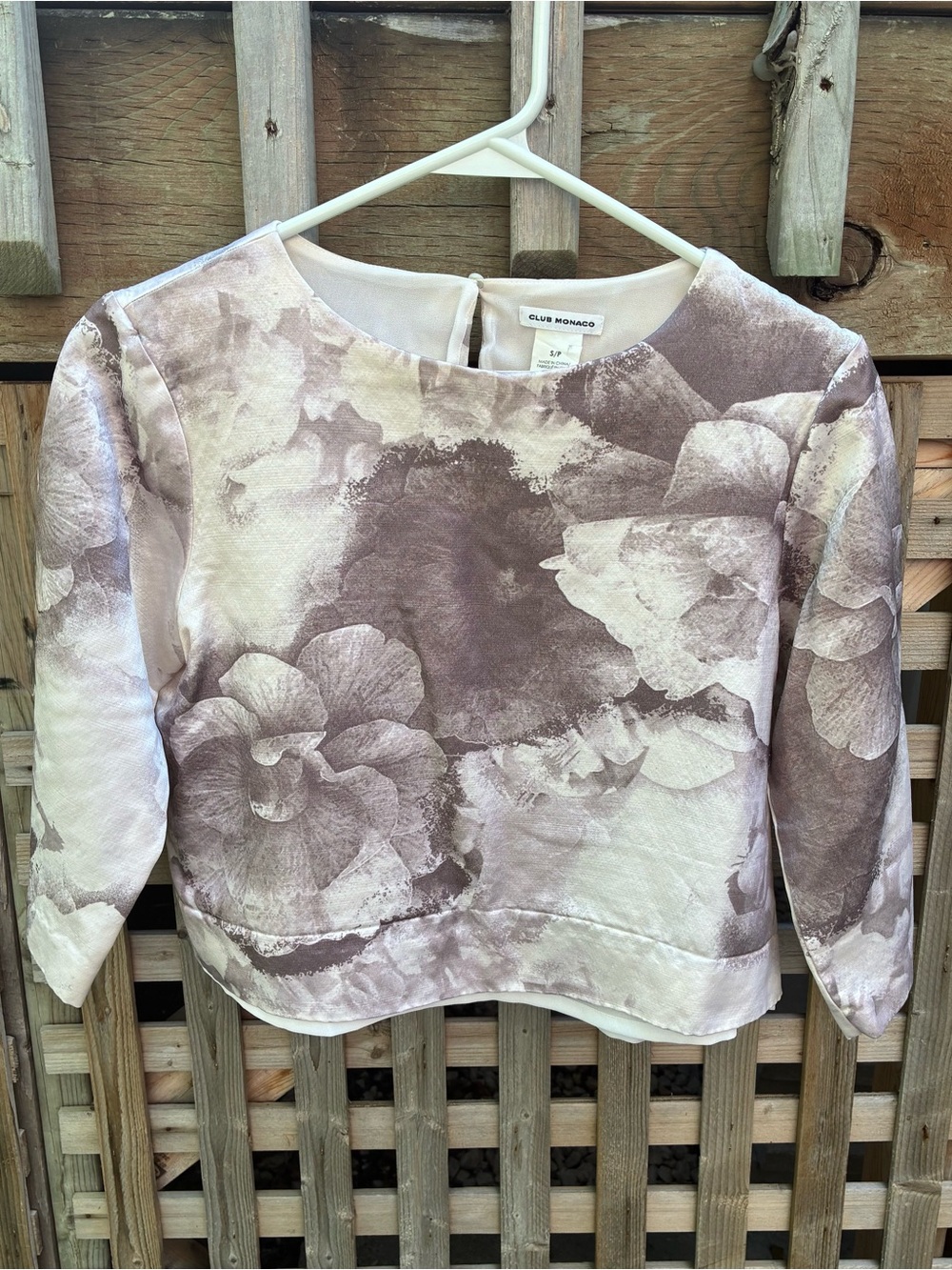 Club Monaco Floral Crewneck Long Sleeve Top in Taupe and Cream